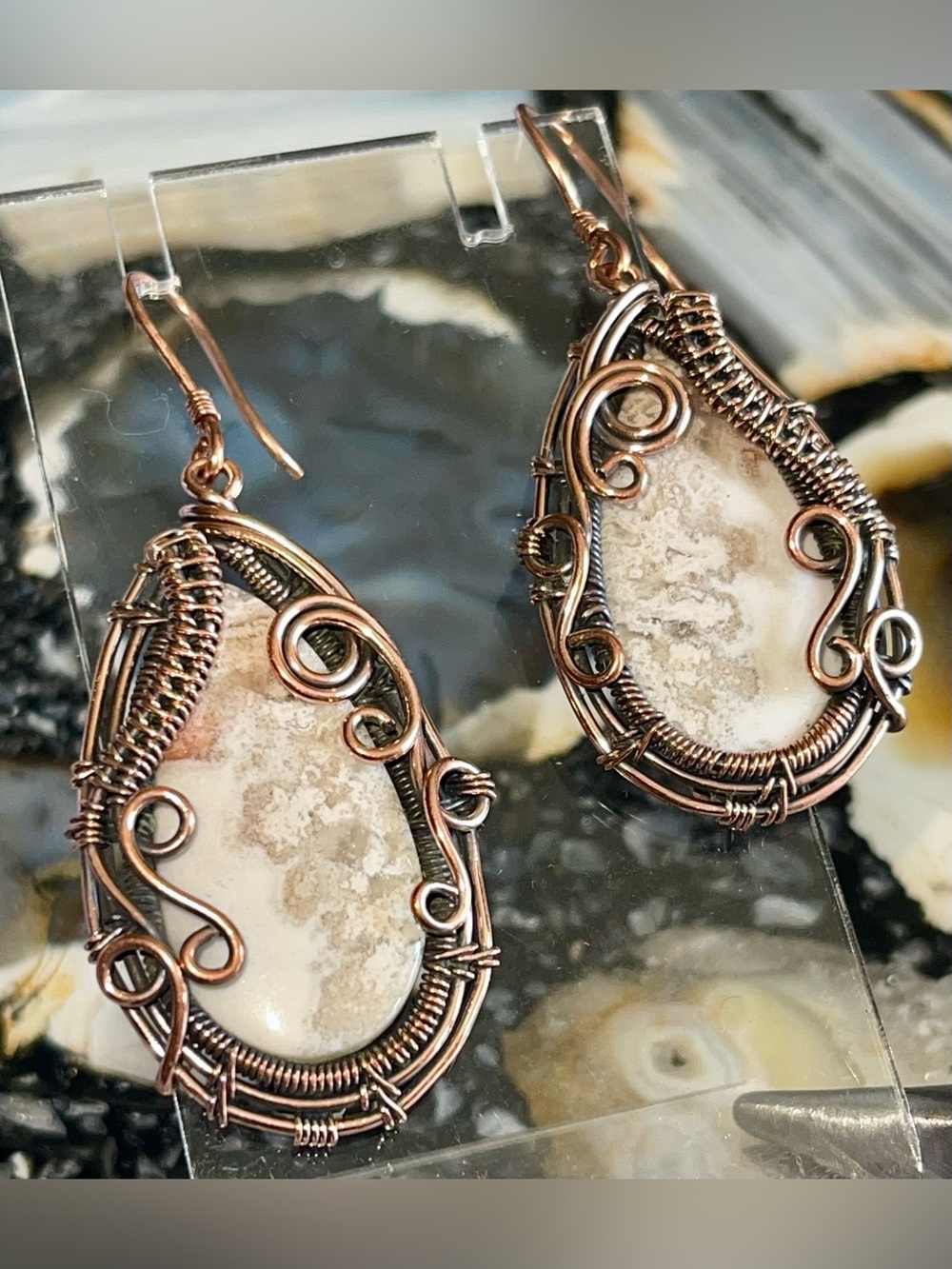 Copper Wire-wrapped Crazy Lace Agate Earrings 2 1/4” - Picture 5 of 17